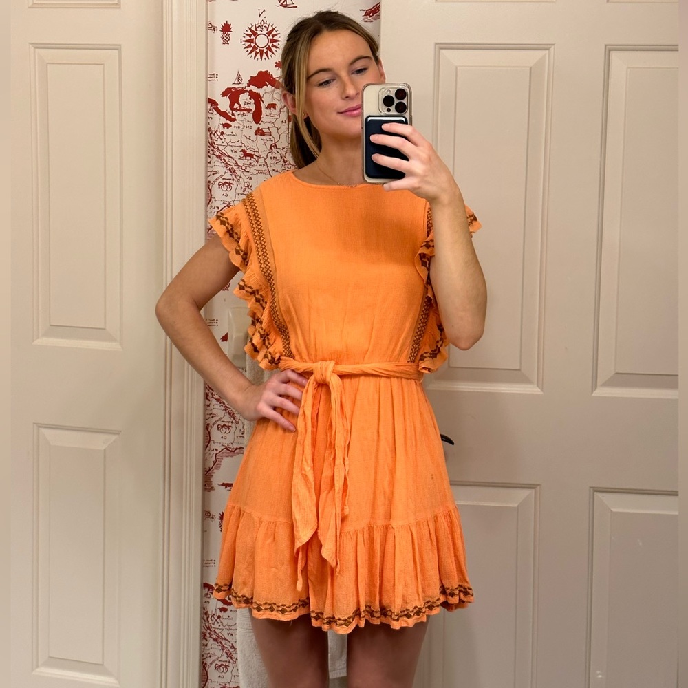Free People Chiffon Ruffle Sleeveless Mini Dress (XS, Orange)